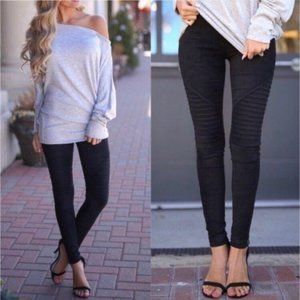 Black Mid Rise Faux Suede Moto Leggings with Pockets